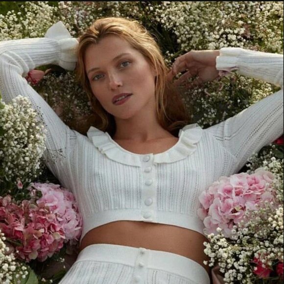 For Love & Lemons XS Camille Pointelle Knit Ruffle Crop Cardigan Top Sweater - Picture 1 of 16